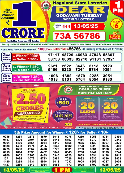 Lottery Sambad 13.05.25 Dear Lottery 1 PM May 13, 2025