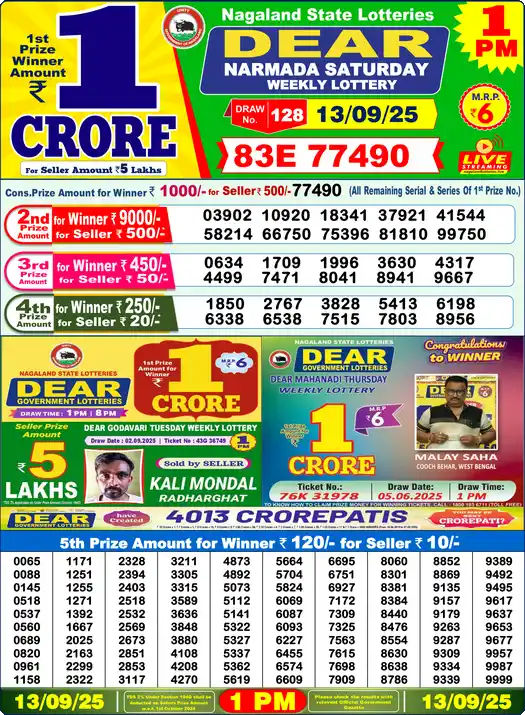 Lottery Sambad 13.09.25 Dear Lottery 1 PM September 13, 2025