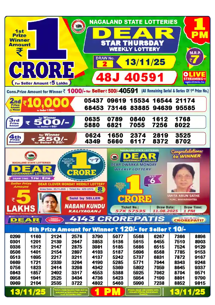 Lottery Sambad 13.11.25 Dear Lottery 1 PM November 13, 2025