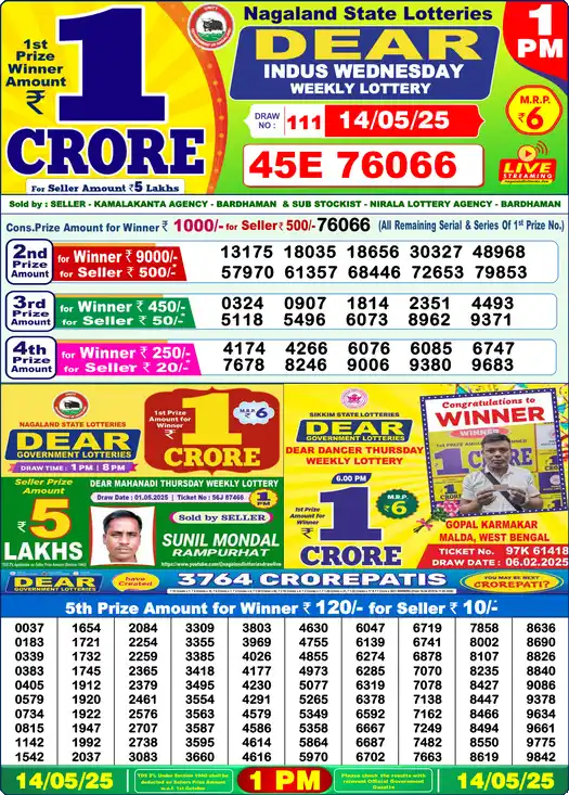 Lottery Sambad 14.05.25 Dear Lottery 1 PM May 14, 2025