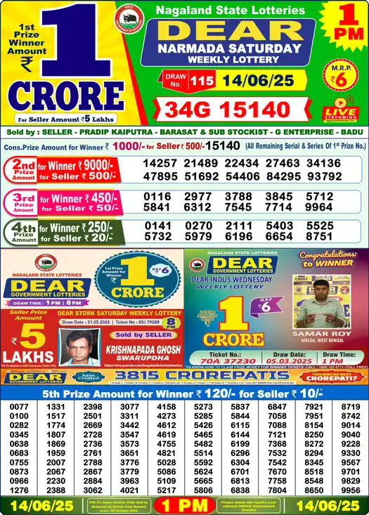Lottery Sambad 14.06.25 Dear Lottery 1 PM June 14, 2025