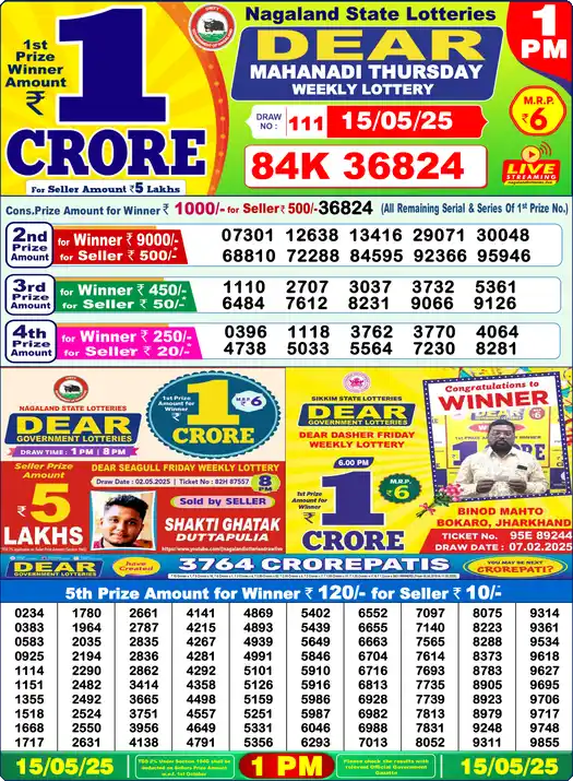 Lottery Sambad 15.05.25 Dear Lottery 1 PM May 15, 2025