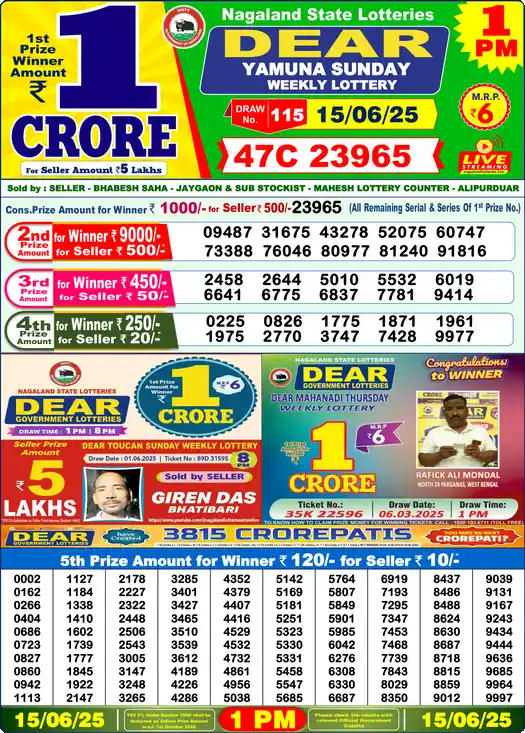 Lottery Sambad 15.06.25 Dear Lottery 1 PM June 15, 2025