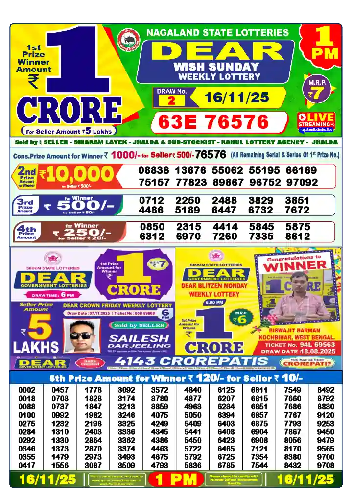 Lottery Sambad 16.11.25 Dear Lottery 1 PM November 16, 2025