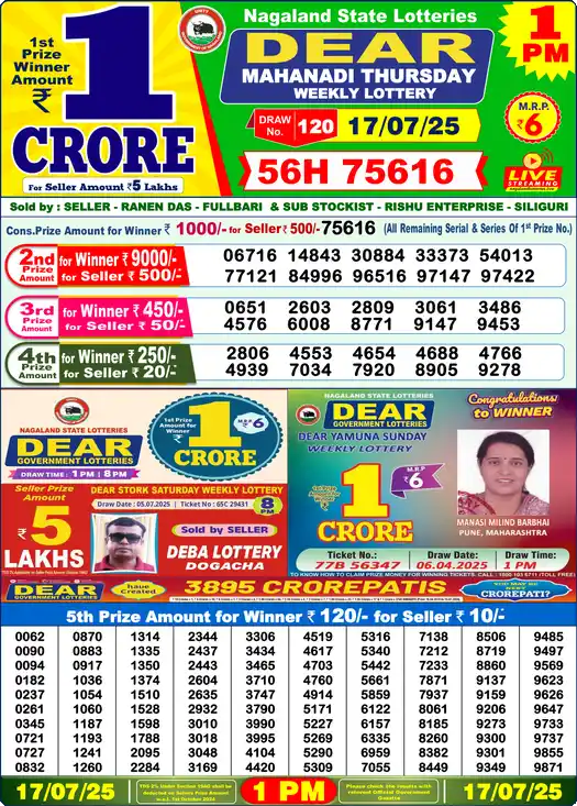 Lottery Sambad 17.07.25 Dear Lottery 1 PM July 17, 2025