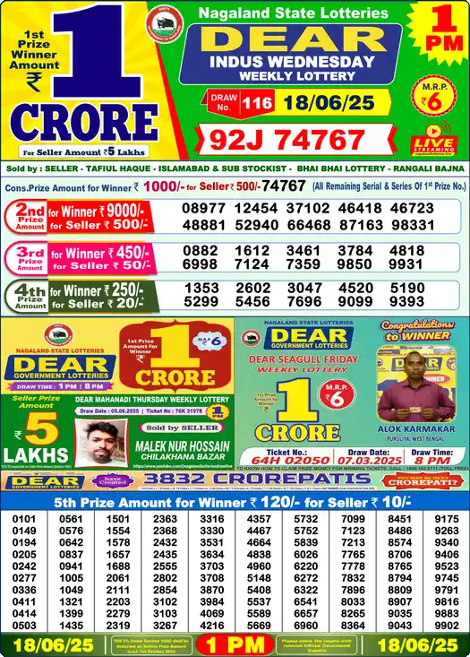 Lottery Sambad 18.06.25 Dear Lottery 1 PM June 18, 2025