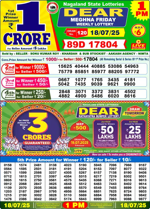 Lottery Sambad 18.07.25 Dear Lottery 1 PM July 18, 2025