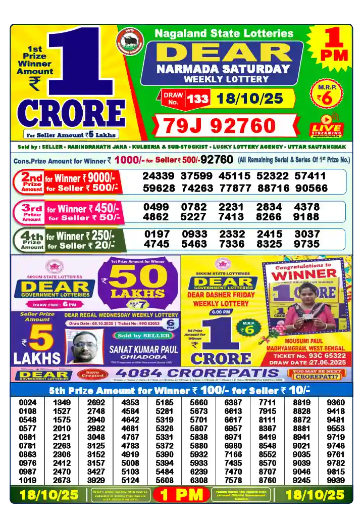 Lottery Sambad 18.10.25 Dear Lottery 1 PM October 18, 2025