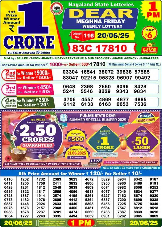 Lottery Sambad 20.06.25 Dear Lottery 1 PM June 20, 2025