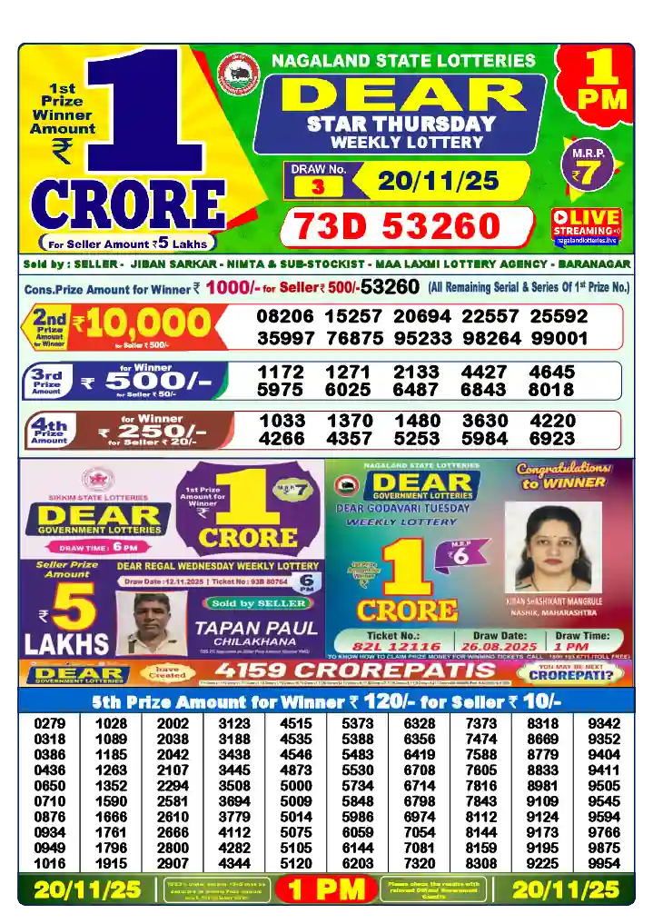 Lottery Sambad 20.11.25 Dear Lottery 1 PM November 20, 2025