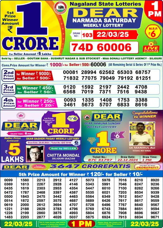 Lottery Sambad 22.03.25 Dear Lottery 1 PM March 22, 2025