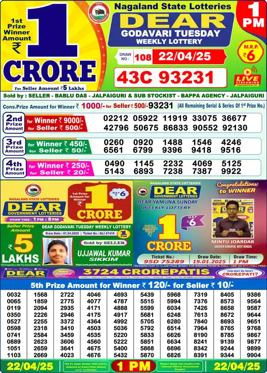 Lottery Sambad 22.04.25 Dear Lottery 1 PM April 22, 2025
