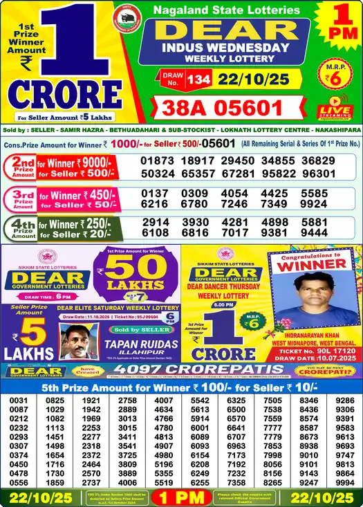 Lottery Sambad 22.10.25 Dear Lottery 1 PM October 22, 2025