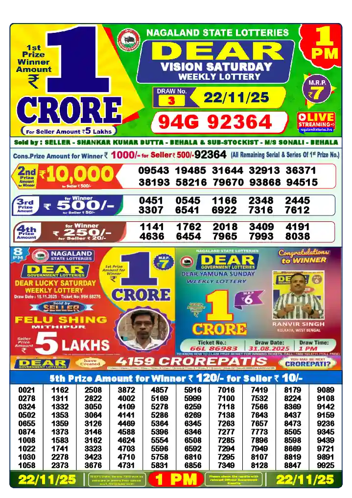 Lottery Sambad 22.11.25 Dear Lottery 1 PM November 22, 2025