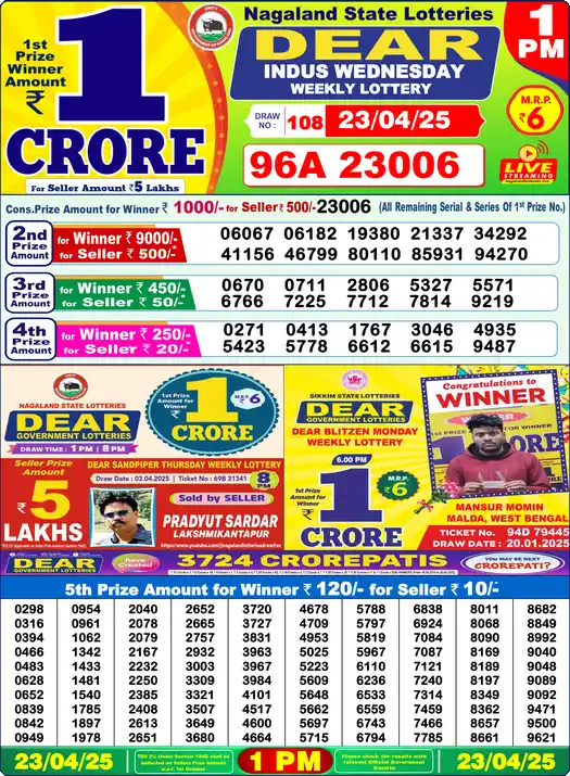 Lottery Sambad 23.04.25 Dear Lottery 1 PM April 23, 2025