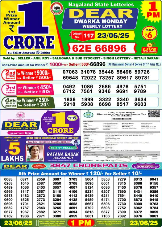 Lottery Sambad 23.06.25 Dear Lottery 1 PM June 23, 2025