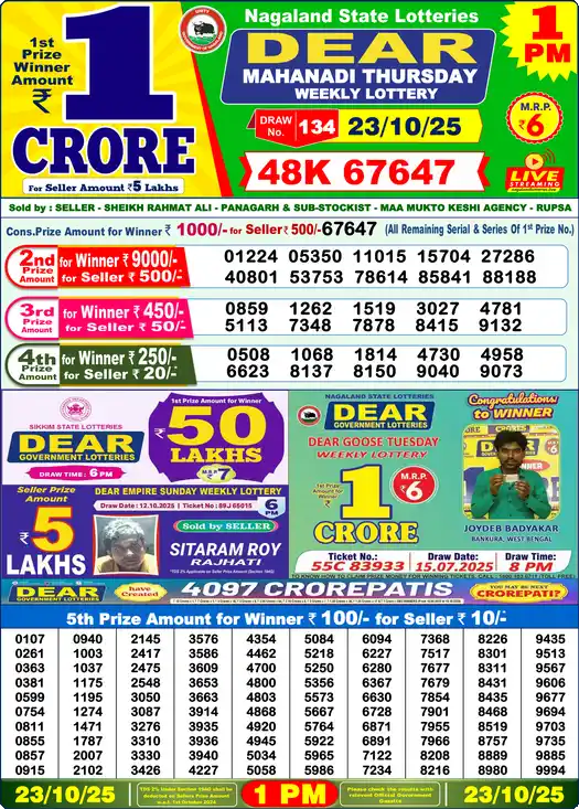 Lottery Sambad 23.10.25 Dear Lottery 1 PM October 23, 2025
