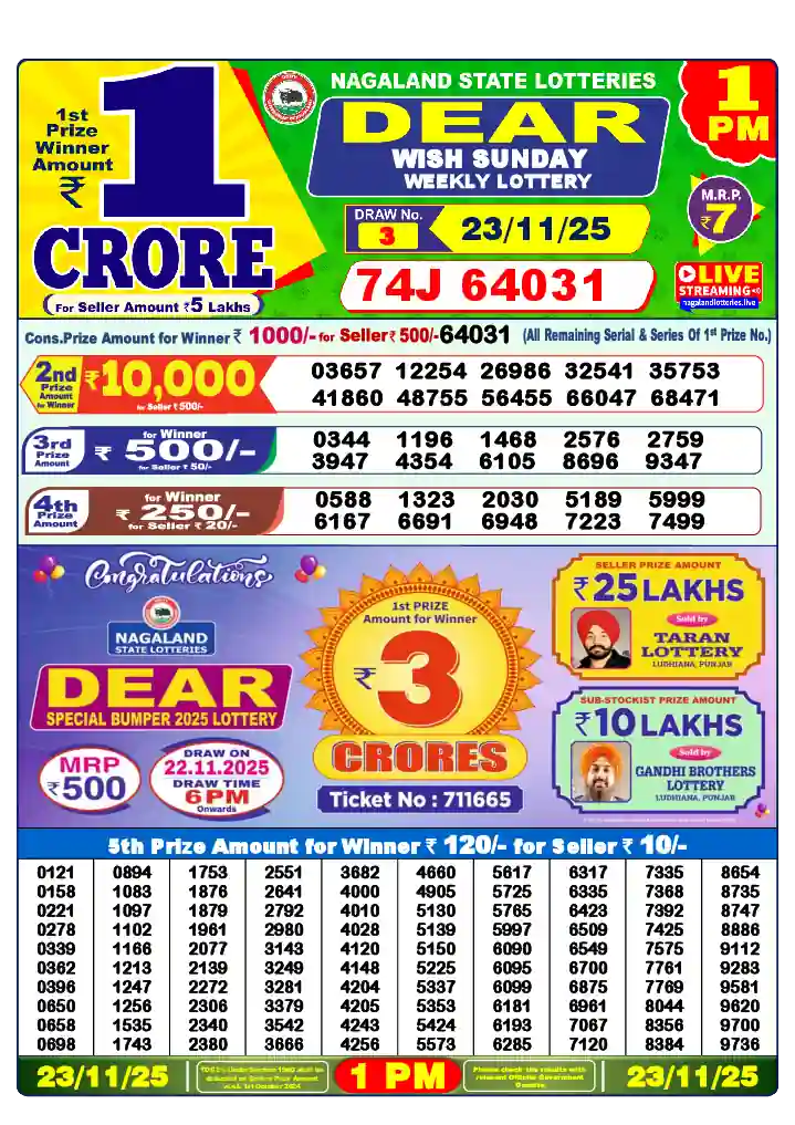 Lottery Sambad 23.11.25 Dear Lottery 1 PM November 23, 2025
