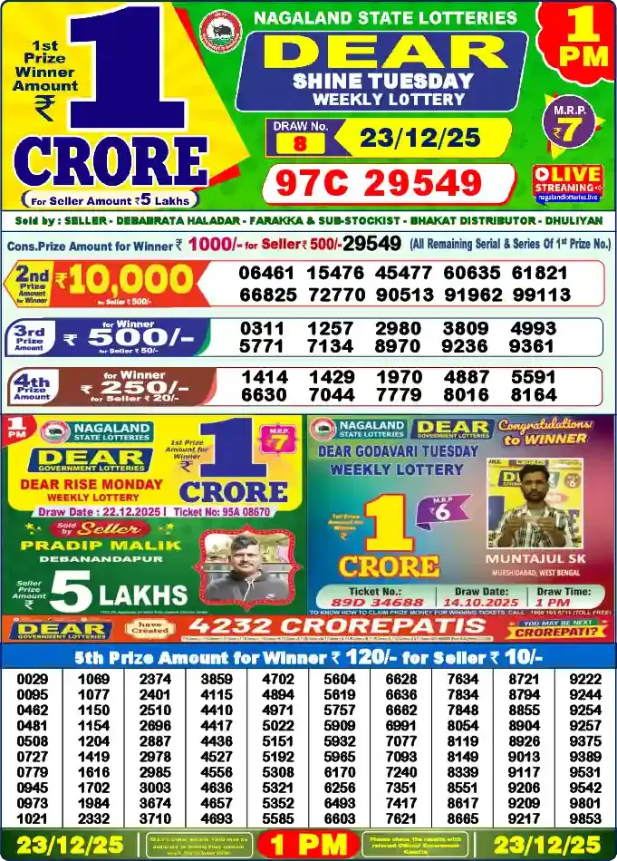 Lottery Sambad 23.12.25 Dear Lottery 1 PM December 23, 2025