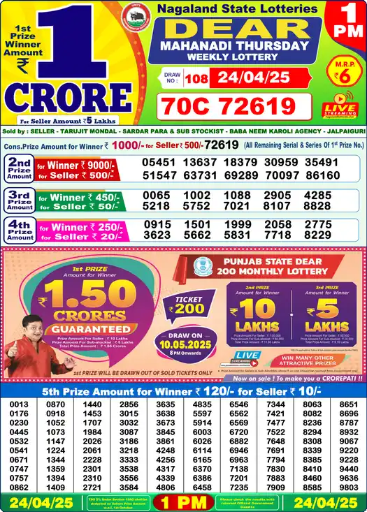 Lottery Sambad 24.04.25 Dear Lottery 1 PM April 24, 2025
