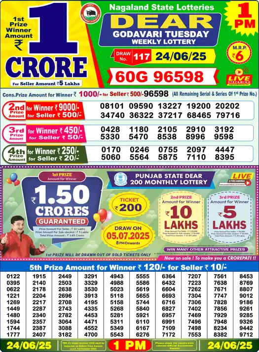 Lottery Sambad 24.06.25 Dear Lottery 1 PM June 24, 2025