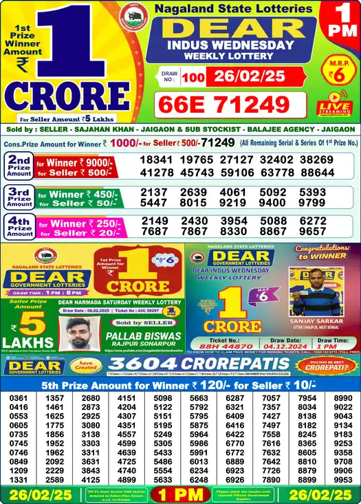 Lottery Sambad 26.02.25 Dear Lottery 1 PM February 26, 2025