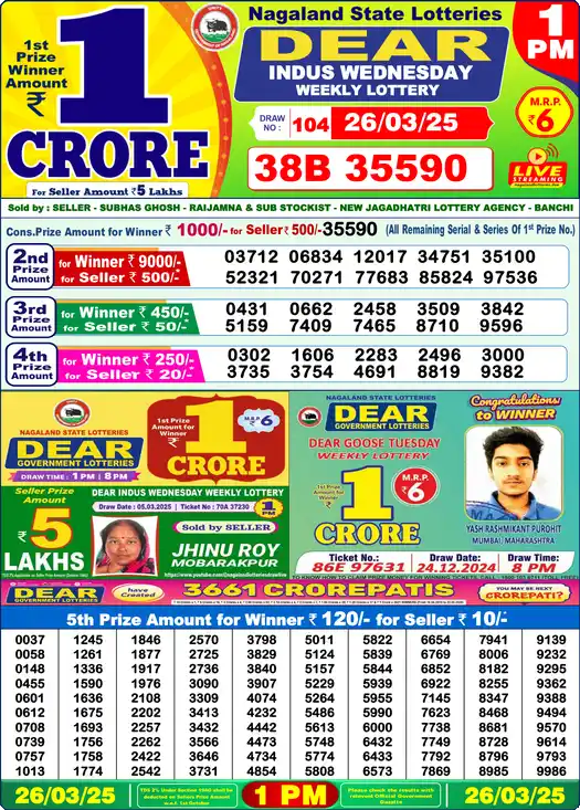 Lottery Sambad 26.03.25 Dear Lottery 1 PM March 26, 2025