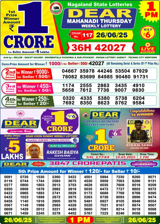 Lottery Sambad 26.06.25 Dear Lottery 1 PM June 26, 2025