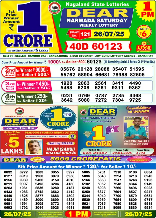 Lottery Sambad 26.07.25 Dear Lottery 1 PM July 26, 2025
