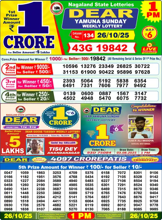 Lottery Sambad 26.10.25 Dear Lottery 1 PM October 26, 2025