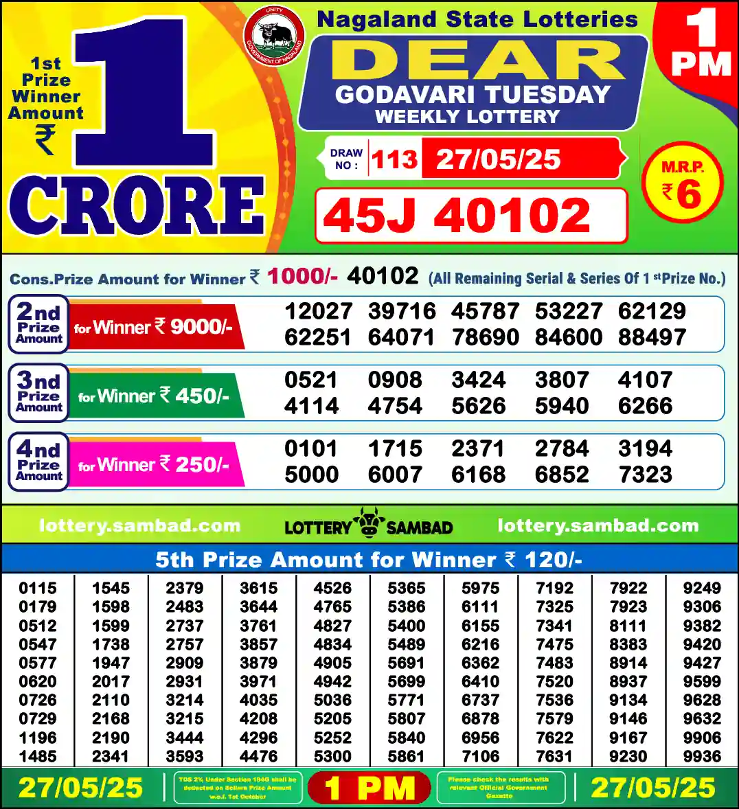 Lottery Sambad 27.05.25 Dear Lottery 1 PM May 27, 2025