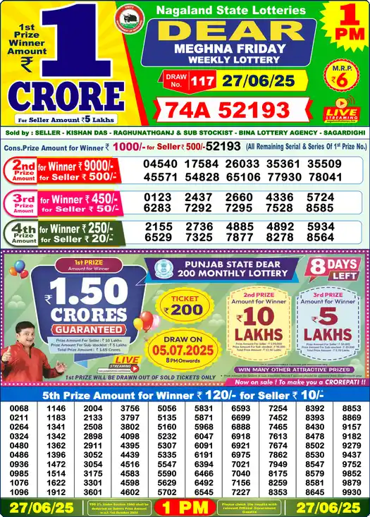 Lottery Sambad 27.06.25 Dear Lottery 1 PM June 27, 2025