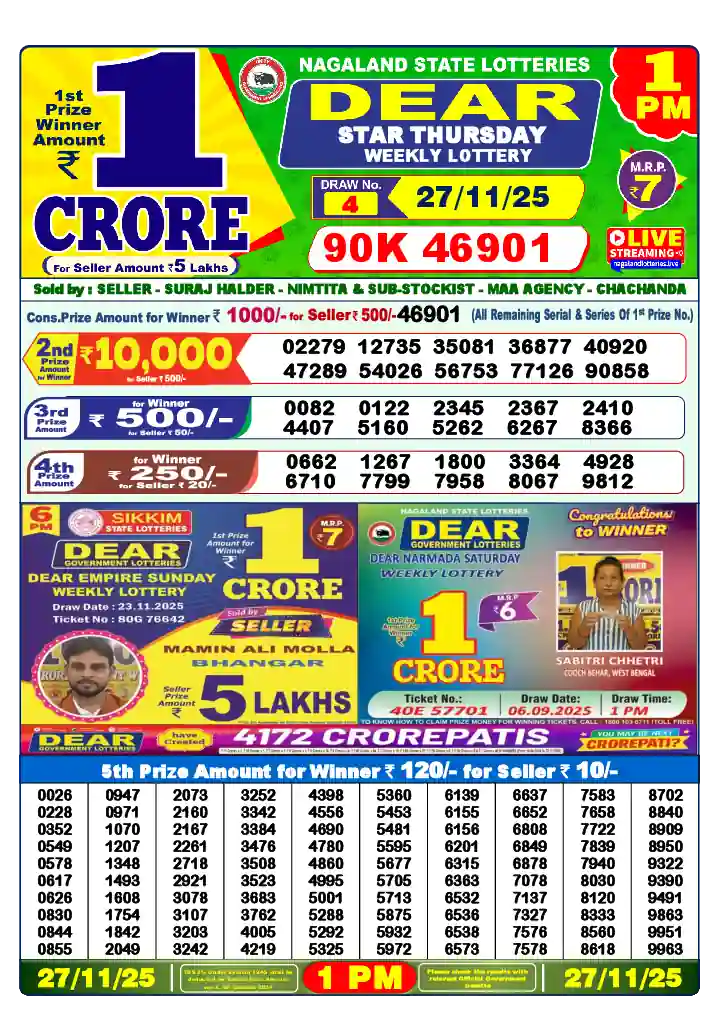 Lottery Sambad 27.11.25 Dear Lottery 1 PM November 27, 2025