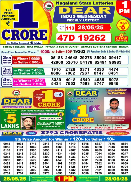 Lottery Sambad 28.05.25 Dear Lottery 1 PM May 28, 2025