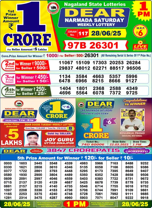 Lottery Sambad 28.06.25 Dear Lottery 1 PM June 28, 2025