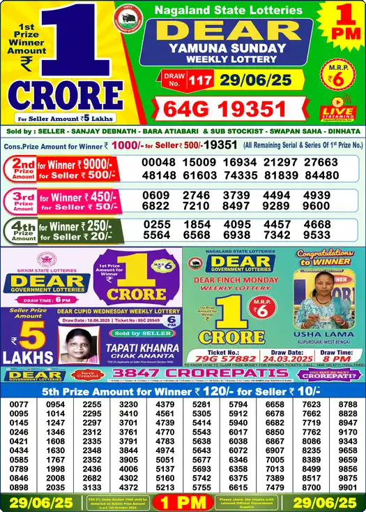 Lottery Sambad 29.06.25 Dear Lottery 1 PM June 29, 2025