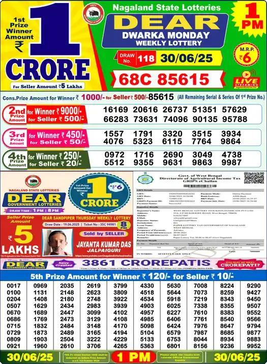 Lottery Sambad 30.06.25 Dear Lottery 1 PM June 30, 2025