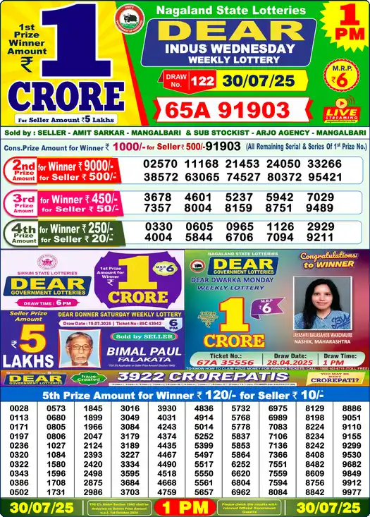 Lottery Sambad 30.07.25 Dear Lottery 1 PM July 30, 2025