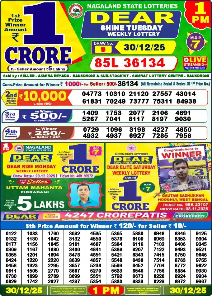 Lottery Sambad 30.12.25 Dear Lottery 1 PM December 30, 2025