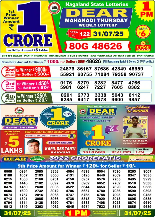 Lottery Sambad 31.07.25 Dear Lottery 1 PM July 31, 2025
