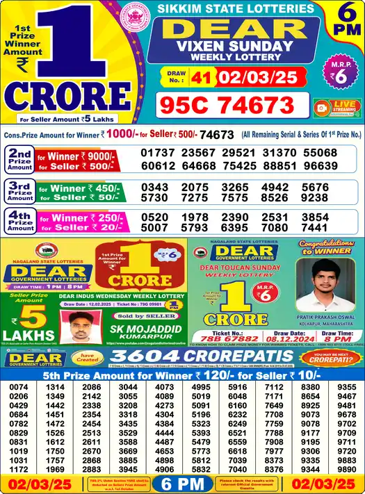 Lottery Sambad 02.03.25 Dear Lottery 6 PM March 02, 2025