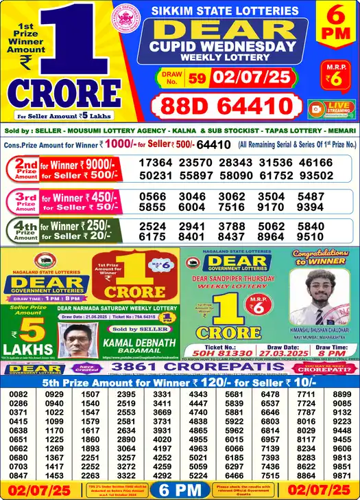 Lottery Sambad 02.07.25 Dear Lottery 6 PM July 02, 2025