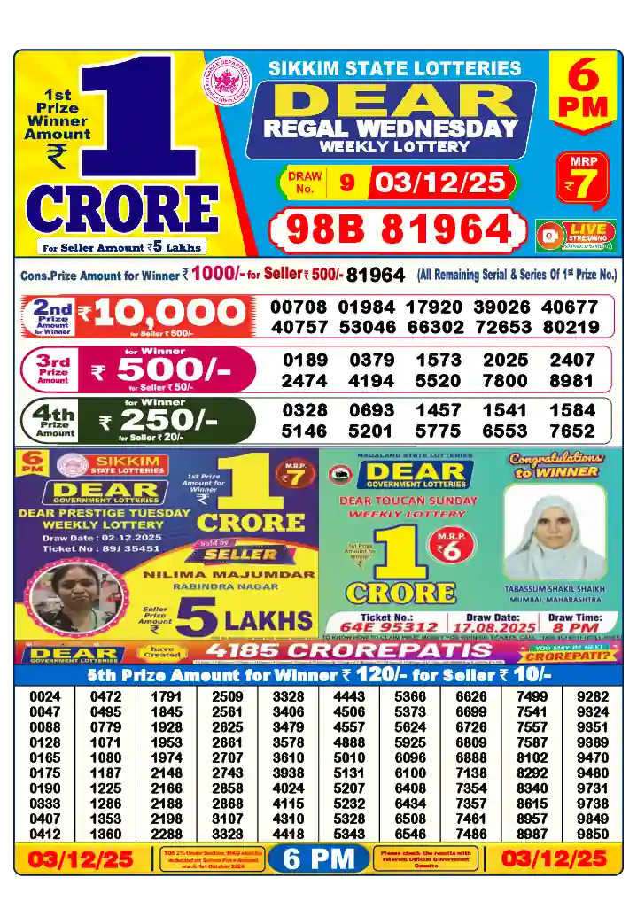Lottery Sambad 03.12.25 Dear Lottery 6 PM December 03, 2025