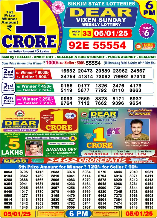 Lottery Sambad 05.01.25 Dear Lottery 6 PM January 05, 2025