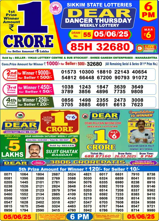 Lottery Sambad 05.06.25 Dear Lottery 6 PM June 05, 2025