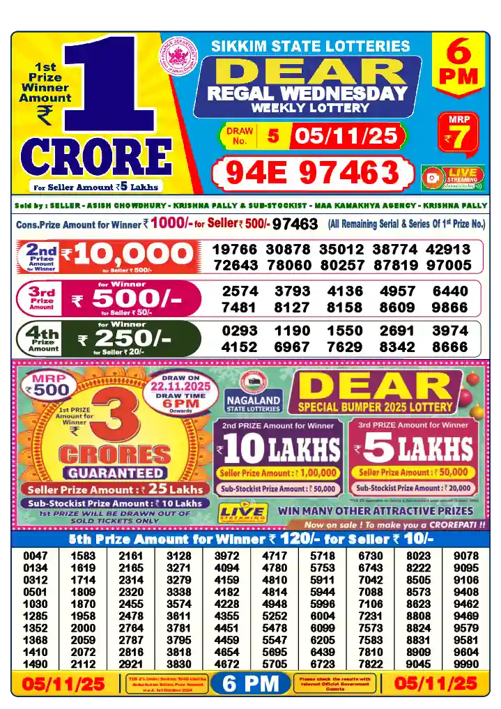 Lottery Sambad 05.11.25 Dear Lottery 6 PM November 05, 2025