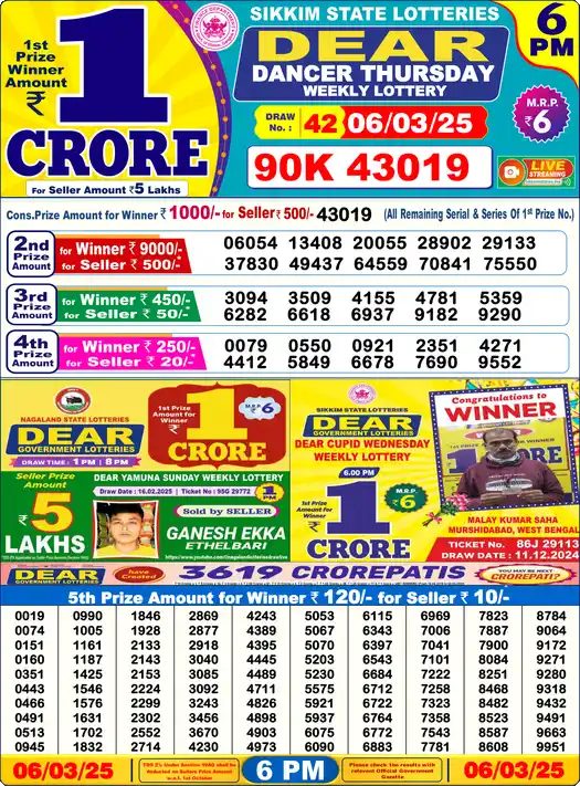 Lottery Sambad 06.03.25 Dear Lottery 6 PM March 06, 2025