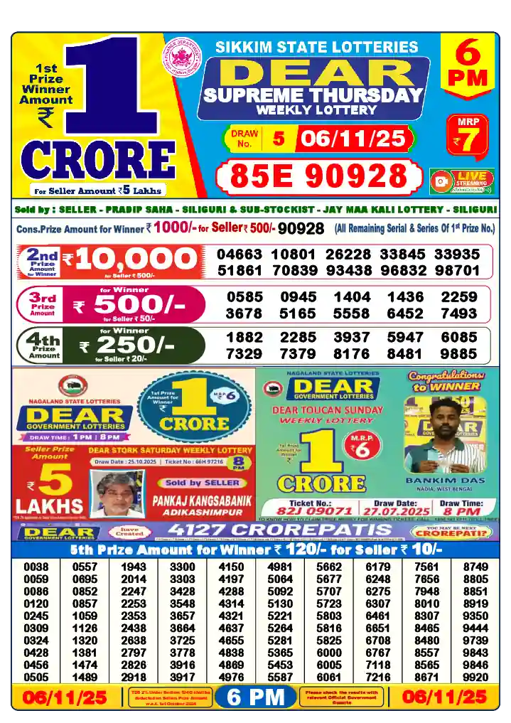 Lottery Sambad 06.11.25 Dear Lottery 6 PM November 06, 2025