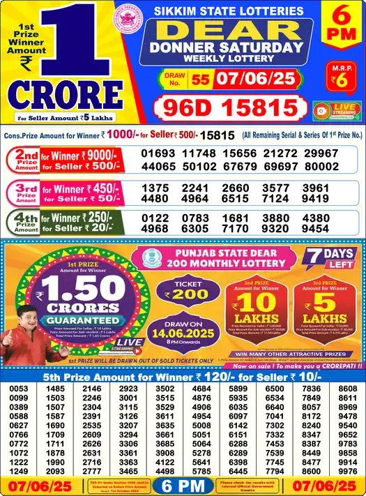 Lottery Sambad 07.06.25 Dear Lottery 6 PM June 07, 2025