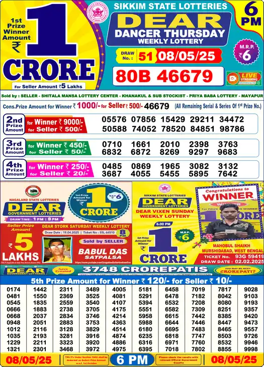 Lottery Sambad 08.05.25 Dear Lottery 6 PM May 08, 2025